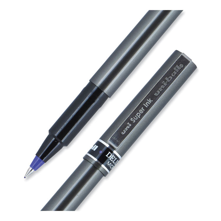 uniball® Deluxe Roller Ball Pen, Stick, Extra-Fine 0.5 mm, Blue Ink, Metallic Gray/Black/Blue Barrel, Dozen (UBC60027) 1 Dozen