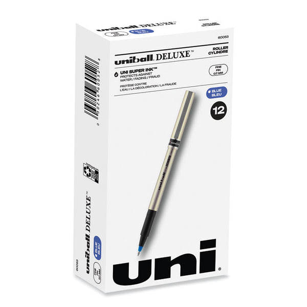 uniball® Deluxe Roller Ball Pen, Stick, Fine 0.7 mm, Blue Ink, Champagne/Black/Blue Barrel, Dozen (UBC60053)