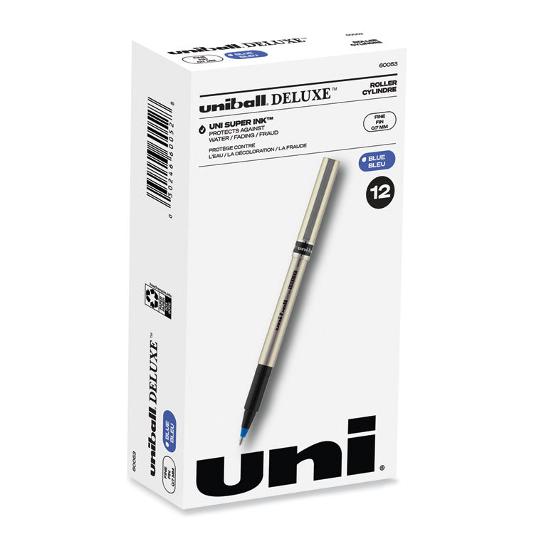 uniball® Deluxe Roller Ball Pen, Stick, Fine 0.7 mm, Blue Ink, Champagne/Black/Blue Barrel, Dozen (UBC60053) 1 Dozen