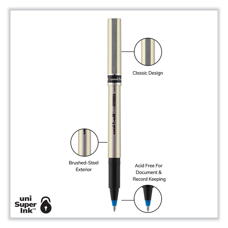 uniball® Deluxe Roller Ball Pen, Stick, Fine 0.7 mm, Blue Ink, Champagne/Black/Blue Barrel, Dozen (UBC60053) 1 Dozen