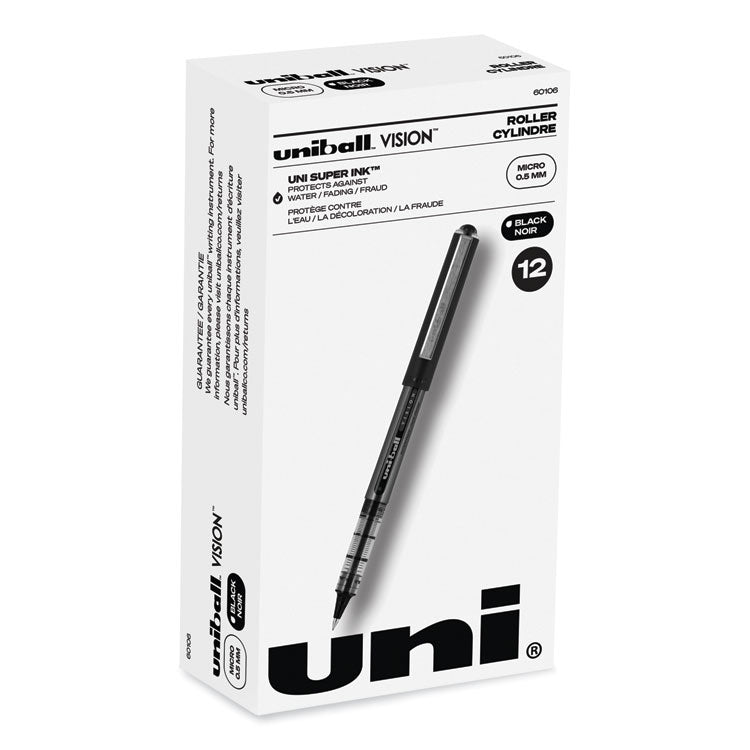 uniball® VISION Roller Ball Pen, Stick, Extra-Fine 0.5 mm, Black Ink, Gray/Black/Clear Barrel, Dozen (UBC60106) 1 Dozen