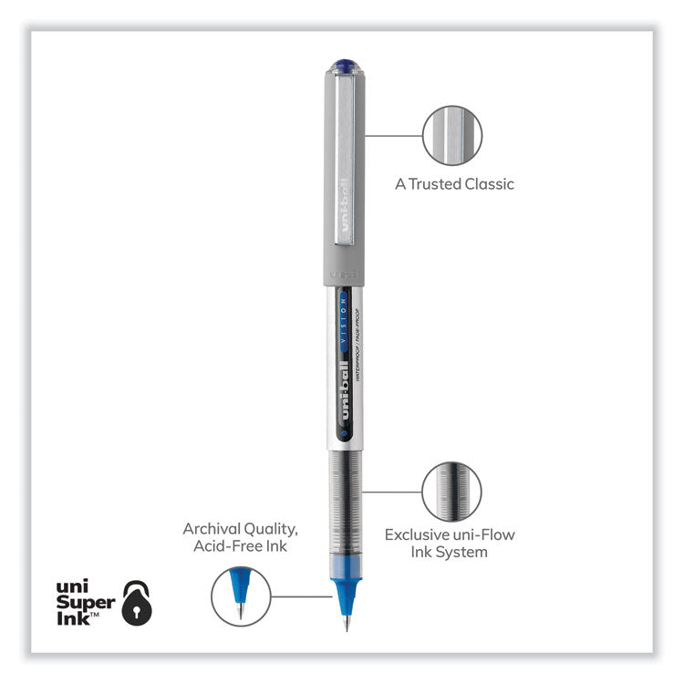 uniball® VISION Roller Ball Pen, Stick, Fine 0.7 mm, Blue Ink, Silver/Blue/Clear Barrel, Dozen (UBC60134) 1 Dozen