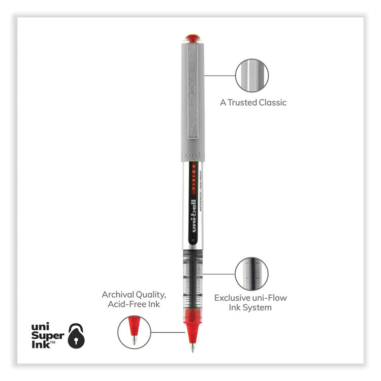 uniball® VISION Roller Ball Pen, Stick, Fine 0.7 mm, Red Ink, Silver/Red/Clear Barrel, Dozen (UBC60139) 1 Dozen