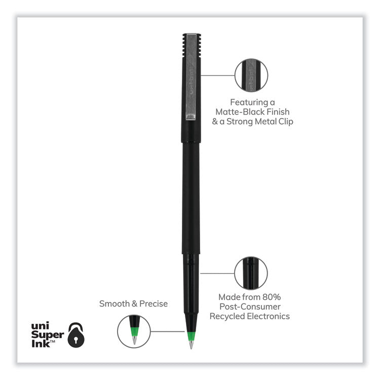 uniball® Roller Ball Pen, Stick, Extra-Fine 0.5 mm, Green Ink, Black/Green Barrel, Dozen (UBC60154) 1 Dozen