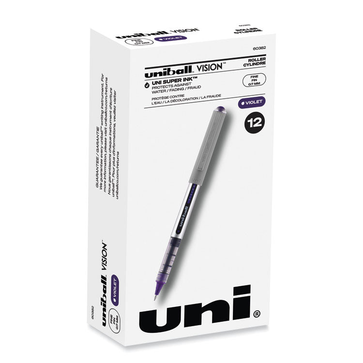 uniball® VISION Roller Ball Pen, Stick, Fine 0.7 mm, Violet Ink, Silver/Violet/Clear Barrel, Dozen (UBC60382) 1 Dozen