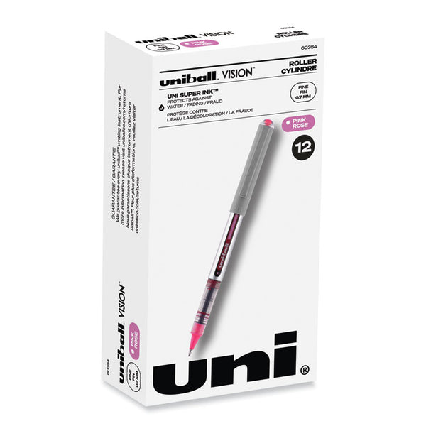 uniball® VISION Roller Ball Pen, Stick, Fine 0.7 mm, Pink Ink, Silver/Pink/Clear Barrel, Dozen (UBC60384) 1 Dozen