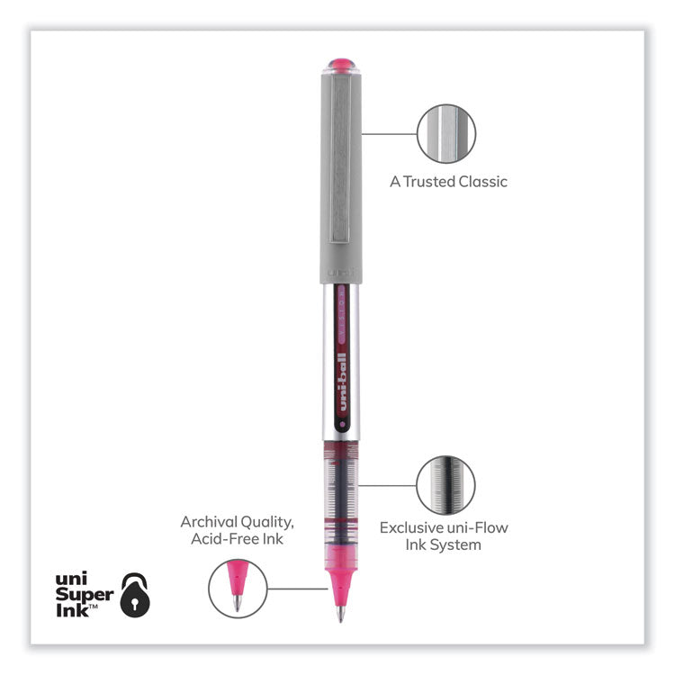 uniball® VISION Roller Ball Pen, Stick, Fine 0.7 mm, Pink Ink, Silver/Pink/Clear Barrel, Dozen (UBC60384) 1 Dozen