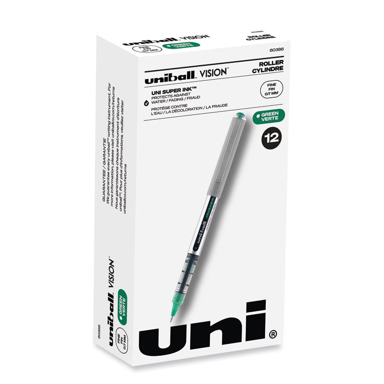 uniball® VISION Roller Ball Pen, Stick, Fine 0.7 mm, Green Ink, Silver/Green/Clear Barrel, Dozen (UBC60386) 1 Dozen