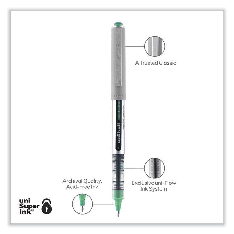 uniball® VISION Roller Ball Pen, Stick, Fine 0.7 mm, Green Ink, Silver/Green/Clear Barrel, Dozen (UBC60386) 1 Dozen
