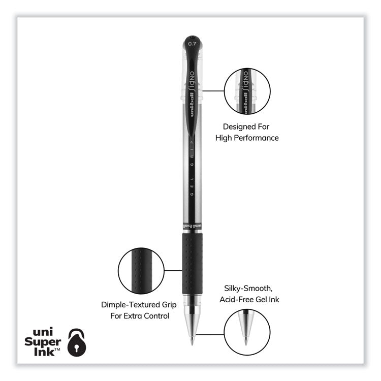 uniball® Signo GRIP Gel Pen, Stick, Medium 0.7 mm, Black Ink, Clear/Black/Silver Barrel, Dozen (UBC65450)