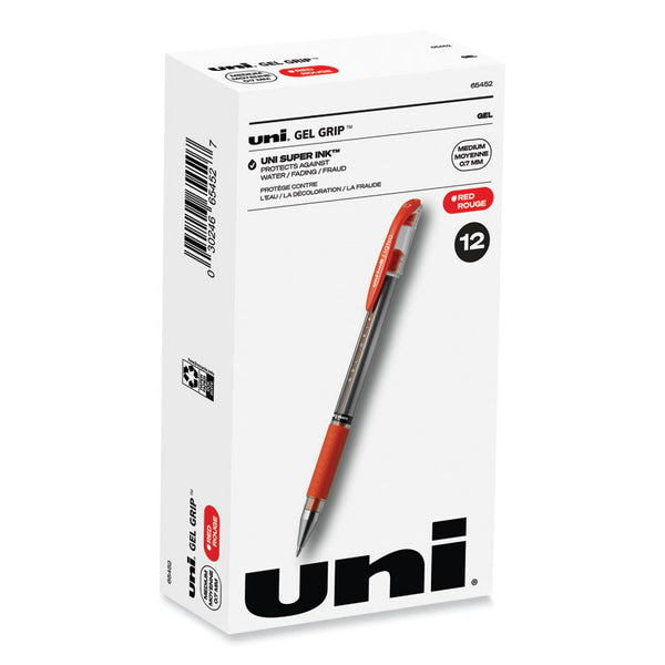 uniball® Signo GRIP Gel Pen, Stick, Medium 0.7 mm, Red Ink, Clear/Red/Silver Barrel, Dozen (UBC65452) 1 Dozen