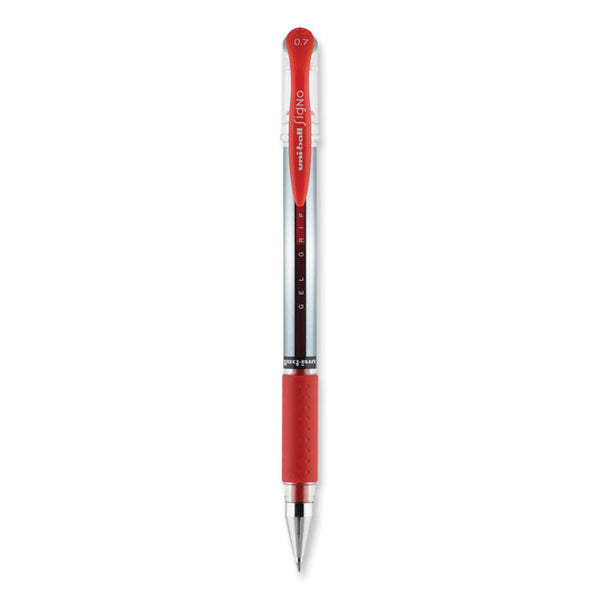 uniball® Signo GRIP Gel Pen, Stick, Medium 0.7 mm, Red Ink, Clear/Red/Silver Barrel, Dozen (UBC65452) 1 Dozen