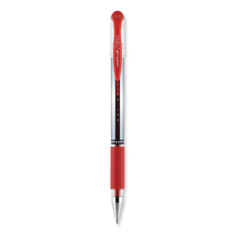 uniball® Signo GRIP Gel Pen, Stick, Medium 0.7 mm, Red Ink, Clear/Red/Silver Barrel, Dozen (UBC65452) 1 Dozen