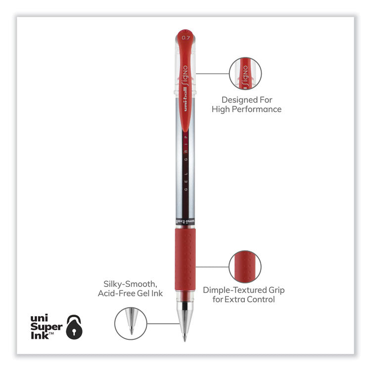 uniball® Signo GRIP Gel Pen, Stick, Medium 0.7 mm, Red Ink, Clear/Red/Silver Barrel, Dozen (UBC65452) 1 Dozen