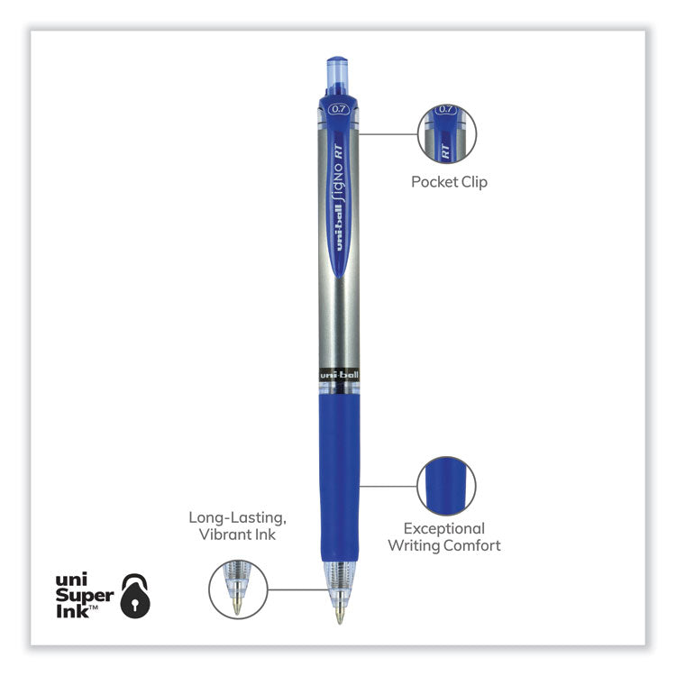 uniball® Signo Gel Pen, Retractable, Medium 0.7 mm, Blue Ink, Silver/Blue Barrel, Dozen (UBC65941) 1 Dozen
