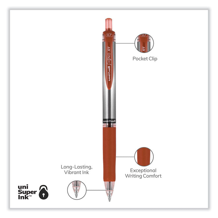 uniball® Signo Gel Pen, Retractable, Medium 0.7 mm, Red Ink, Silver/Red Barrel, Dozen (UBC65942) 1 Dozen