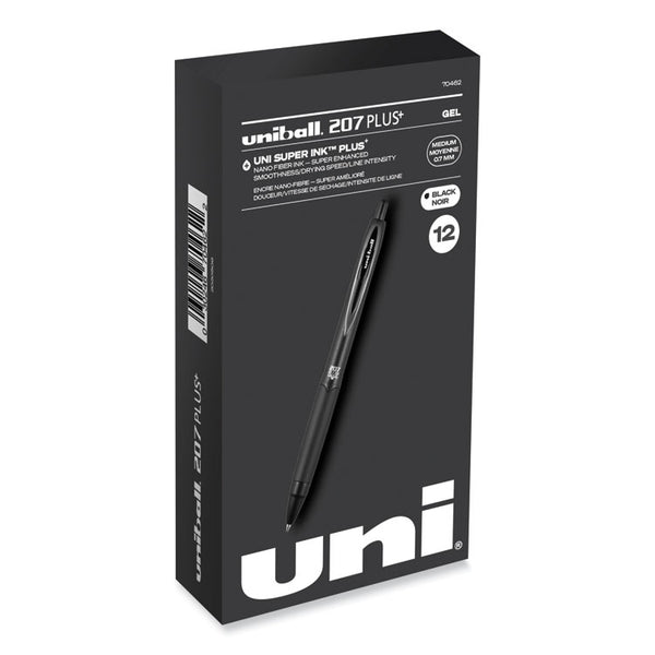 uniball® 207 Plus+ Gel Pen, Retractable, Medium 0.7 mm, Black Ink, Black Barrel, Dozen (UBC70462)