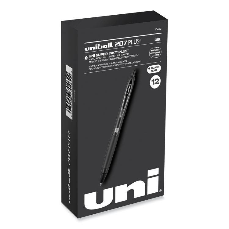 uniball® 207 Plus+ Gel Pen, Retractable, Medium 0.7 mm, Black Ink, Black Barrel, Dozen (UBC70462) 1 Dozen