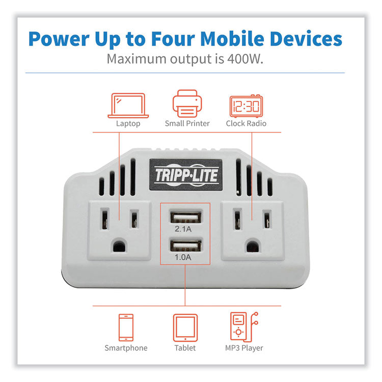 Tripp Lite PowerVerter Ultra-Compact Car Inverter, 400 W, Two AC Outlets/Two USB Ports, 3.1 A (TRPPV400USB) Each