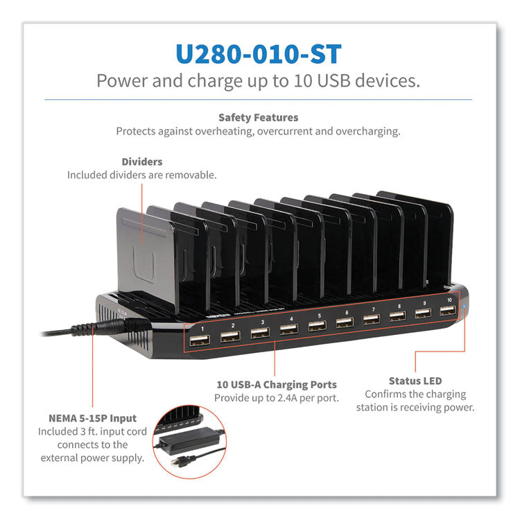 Tripp Lite Desktop Charging Station with Adjustable Storage, 10 Devices, 9.4 x 4.7 x 1, Black (TRPU280010ST) Each