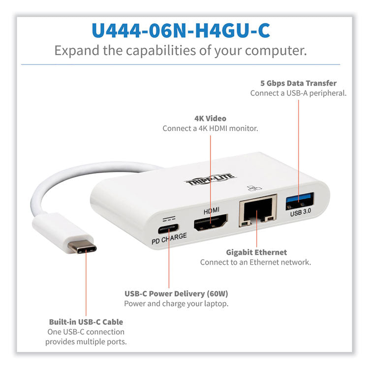 Tripp Lite 4K Dock with Charging and Ethernet, USB C/4K HDMI/USB A/PD Charging, White (TRPU44406NH4GUC) Each