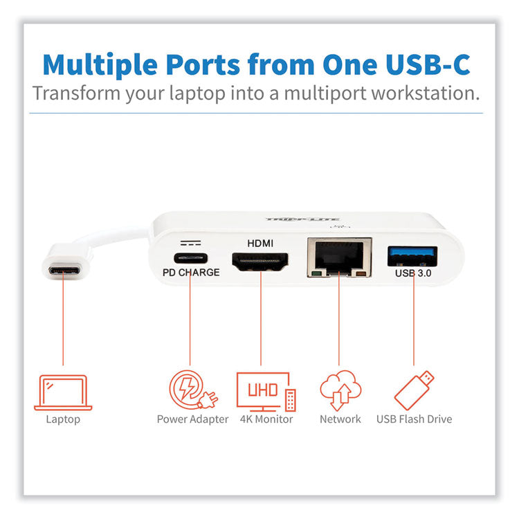 Tripp Lite 4K Dock with Charging and Ethernet, USB C/4K HDMI/USB A/PD Charging, White (TRPU44406NH4GUC) Each