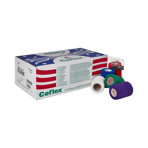 CoFlex® Cohesive Bandage 3 Inch X 5 Yard Self-Adherent Closure Teal / Blue / White / Purple / Red / Green NonSterile 14 lbs. Tensile Strength (257217_CS) 24/CS