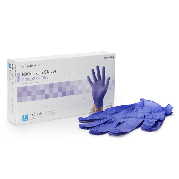 McKesson Confiderm® 3.0 Exam Glove Large NonSterile Nitrile Standard Cuff Length Textured Fingertips Blue Not Rated (1107942_CS) 1000/CS