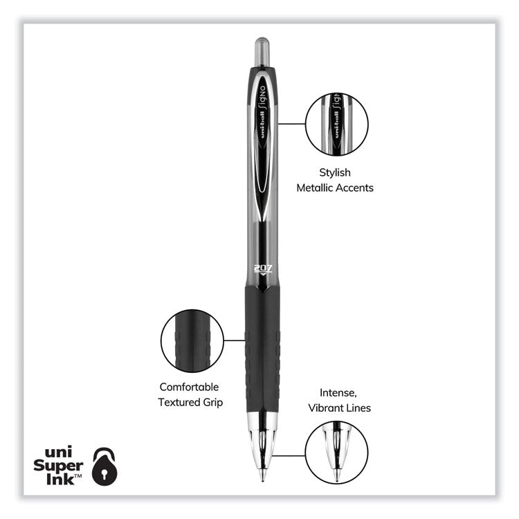 uniball® Signo 207 Gel Pen, Retractable, Medium 0.7 mm, Black Ink, Smoke/Black Barrel, Dozen (UBC33950) 1 Dozen