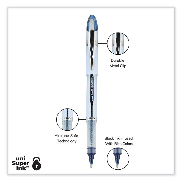 uniball® VISION ELITE Hybrid Gel Pen, Stick, Bold 0.8 mm, Blue-Infused Black Ink, White/Blue/Clear Barrel (UBC61232) Each