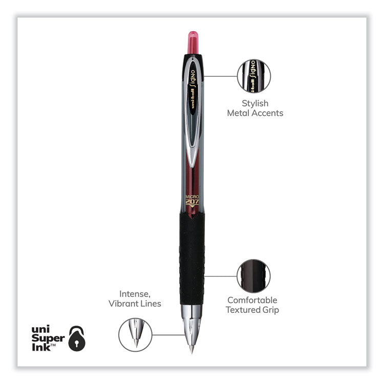 uniball® Signo 207 Gel Pen, Retractable, Fine 0.5 mm, Red Ink, Smoke/Black/Red Barrel, Dozen (UBC61257) 1 Dozen