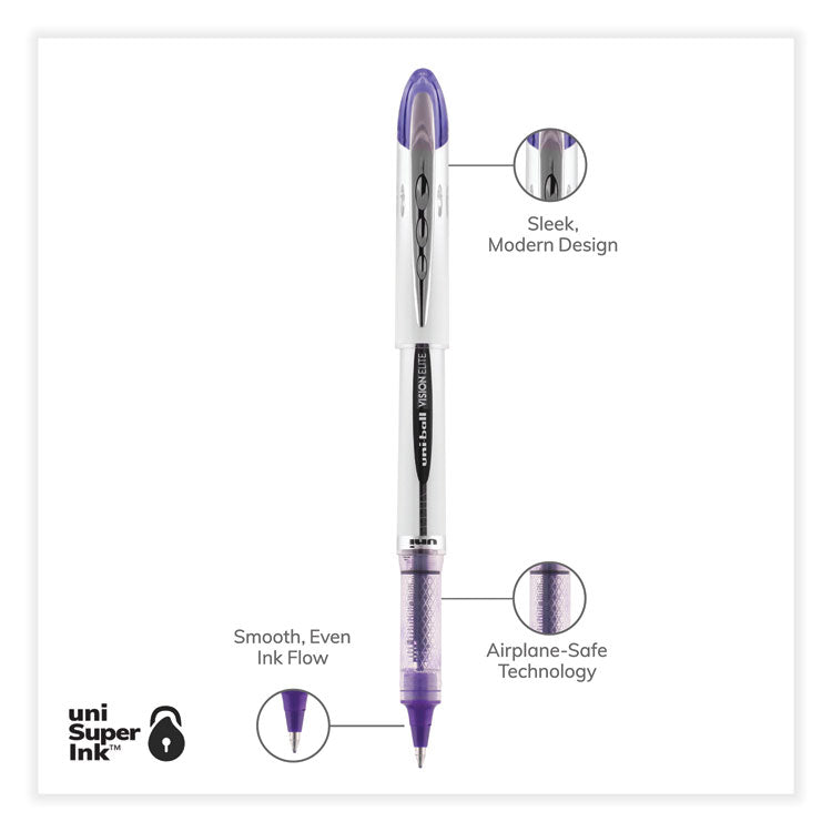 uniball® VISION ELITE Hybrid Gel Pen, Stick, Bold 0.8 mm, Violet Ink, White/Violet/Clear Barrel (UBC69025) Each