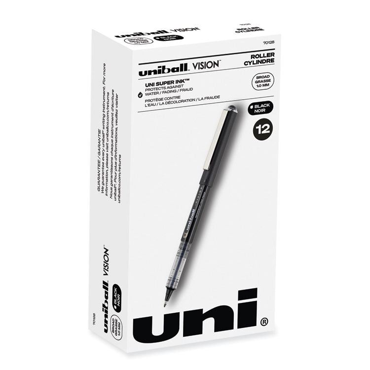 uniball® VISION Roller Ball Pen, Stick, Bold 1 mm, Black Ink, Gray/Black/Clear Barrel, Dozen (UBC70128) 1 Dozen
