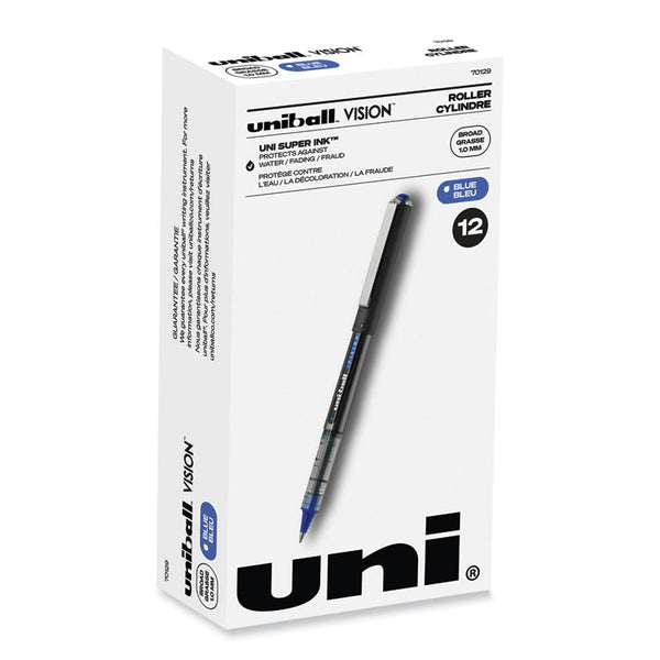 uniball® VISION Roller Ball Pen, Stick, Bold 1 mm, Blue Ink, Black/Blue/Clear Barrel, Dozen (UBC70129) 1 Dozen