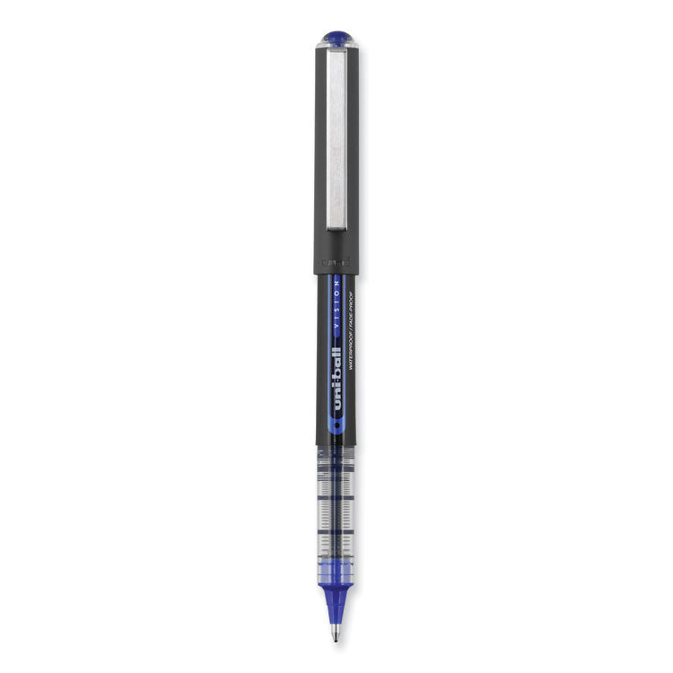 uniball® VISION Roller Ball Pen, Stick, Bold 1 mm, Blue Ink, Black/Blue/Clear Barrel, Dozen (UBC70129) 1 Dozen