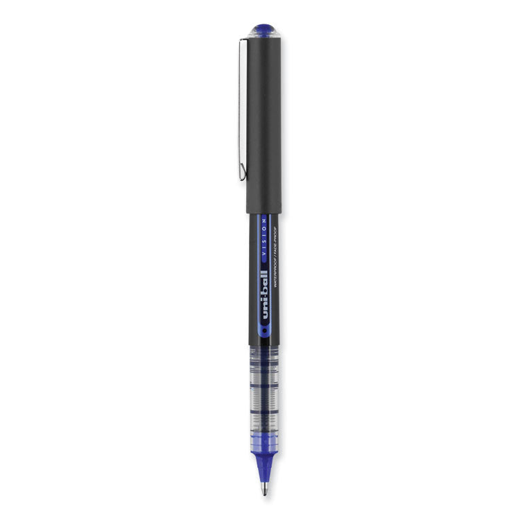 uniball® VISION Roller Ball Pen, Stick, Bold 1 mm, Blue Ink, Black/Blue/Clear Barrel, Dozen (UBC70129) 1 Dozen