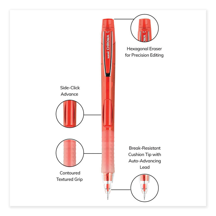 uniball® Chroma Mechanical Pencil, 0.7 mm, HB (#2), Black Lead, Red Barrel, Dozen (UBC70135)