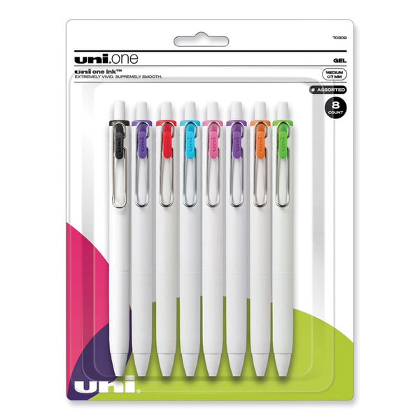 uniball® uniONE Gel Pen, Retractable, Medium 0.7 mm, Assorted Inspirational Ink Colors, Assorted Barrel Colors, 8/Pack (UBC70309) Pack of 8