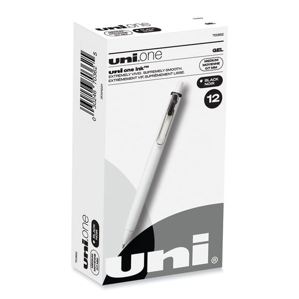 uniball® uniONE Gel Pen, Retractable, Medium 0.7 mm, Black Ink, White/Black Barrel, Dozen (UBC70362) 1 Dozen