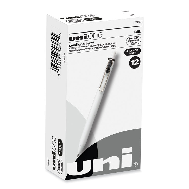 uniball® uniONE Gel Pen, Retractable, Medium 0.7 mm, Black Ink, White/Black Barrel, Dozen (UBC70362) 1 Dozen