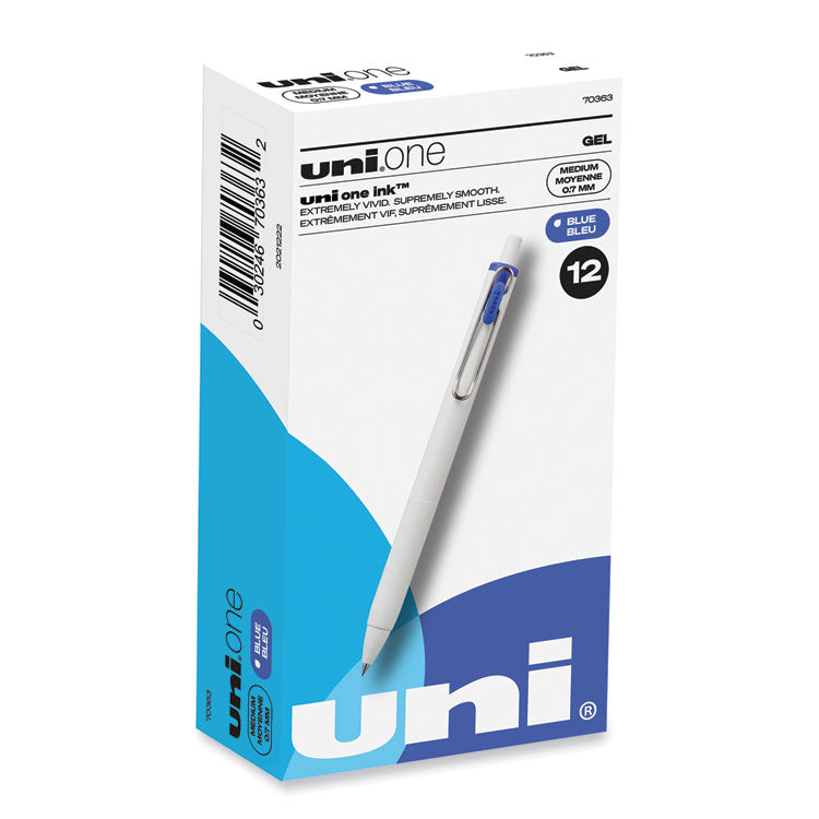 uniball® uniONE Gel Pen, Retractable, Medium 0.7 mm, Blue Ink, White/Blue Barrel, Dozen (UBC70363) 1 Dozen