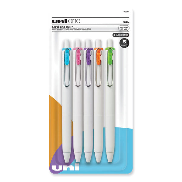 uniball® uniONE Gel Pen, Retractable, Medium 0.7 mm, Assorted Fashion Ink Colors, Assorted Barrel Colors, 5/Pack (UBC70381) Pack of 5