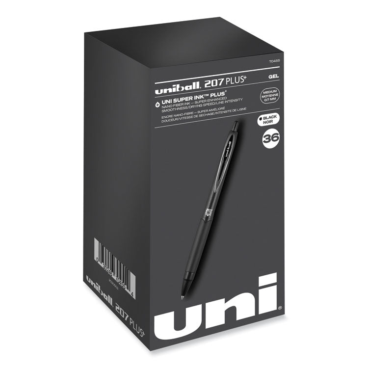 uniball&trade; 207 Plus+ Gel Pen, Retractable, Medium 0.7 mm, Black Ink, Black Barrel, 36/Pack (UBC70455) Pack of 36