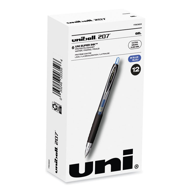 uniball® 207 Signo Gel Ultra Micro Gel Pen, Retractable, Extra-Fine 0.38 mm, Blue Ink, Clear/Black Barrel (UBC1790923) 1 Dozen