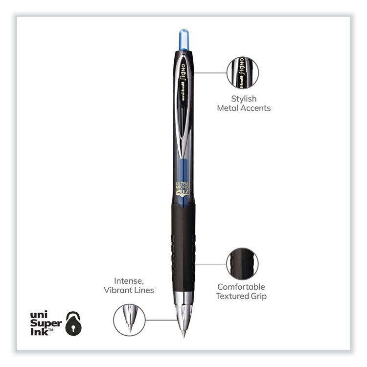uniball® 207 Signo Gel Ultra Micro Gel Pen, Retractable, Extra-Fine 0.38 mm, Blue Ink, Clear/Black Barrel (UBC1790923) 1 Dozen