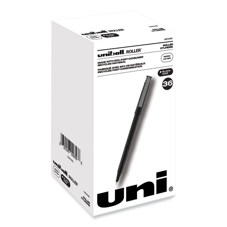 uniball&trade; Stick Roller Ball Pen, Micro 0.5mm, Black Ink, Black Matte Barrel, 36/Pack (UBC1921065) Box of 36