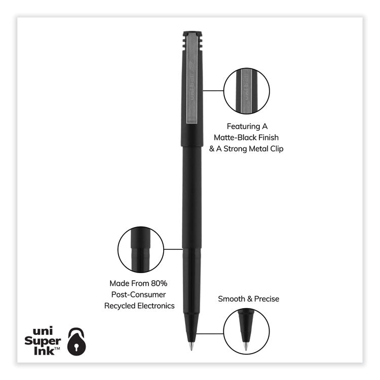 uniball&trade; Stick Roller Ball Pen, Micro 0.5mm, Black Ink, Black Matte Barrel, 36/Pack (UBC1921065) Box of 36