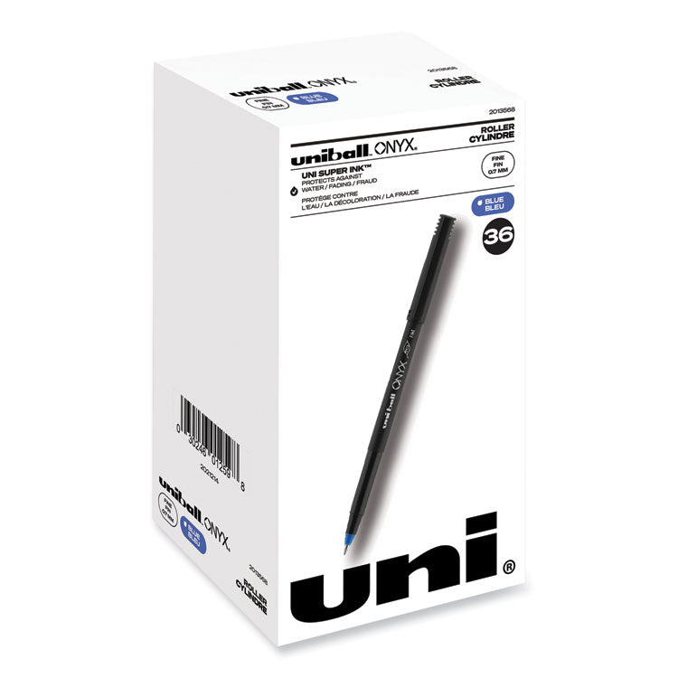 uniball® ONYX Roller Ball Pen, Stick, Fine 0.7 mm, Blue Ink, Black/Blue Barrel, 72/Pack (UBC2013568) Pack of 72