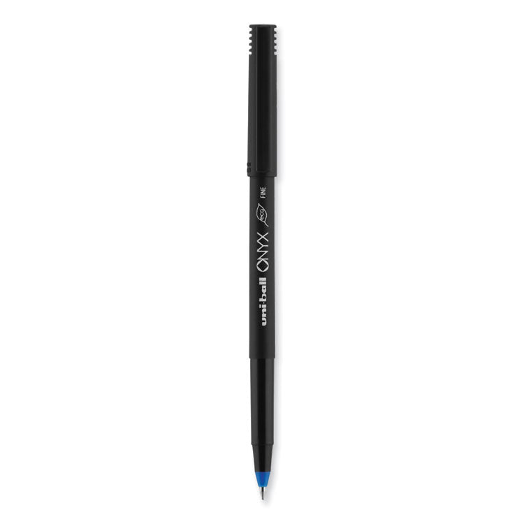 uniball® ONYX Roller Ball Pen, Stick, Fine 0.7 mm, Blue Ink, Black/Blue Barrel, 72/Pack (UBC2013568) Pack of 72