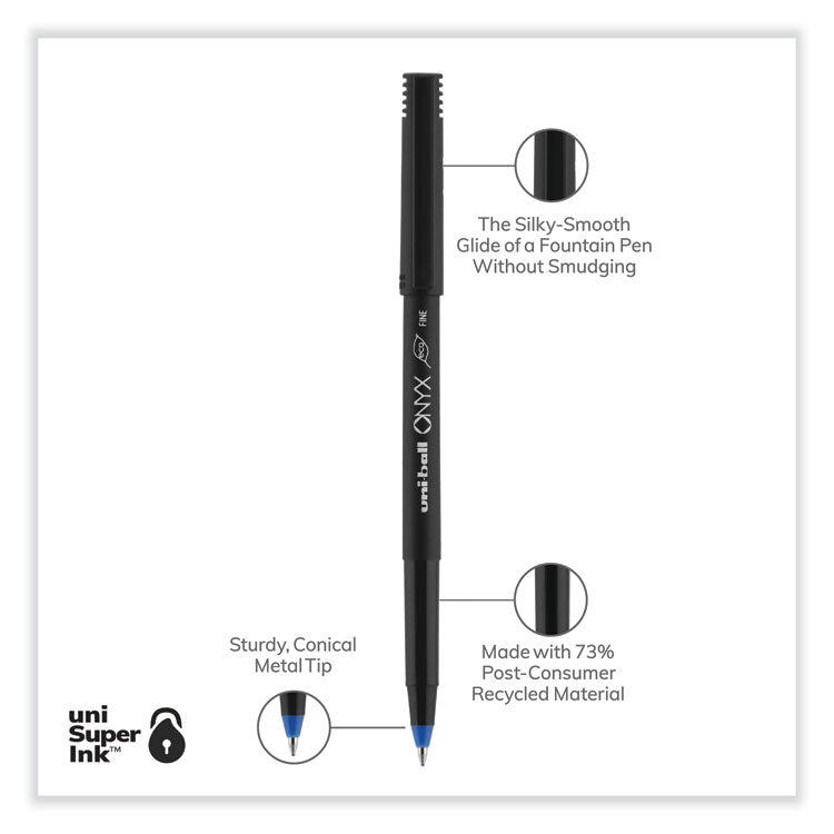 uniball® ONYX Roller Ball Pen, Stick, Fine 0.7 mm, Blue Ink, Black/Blue Barrel, 72/Pack (UBC2013568) Pack of 72